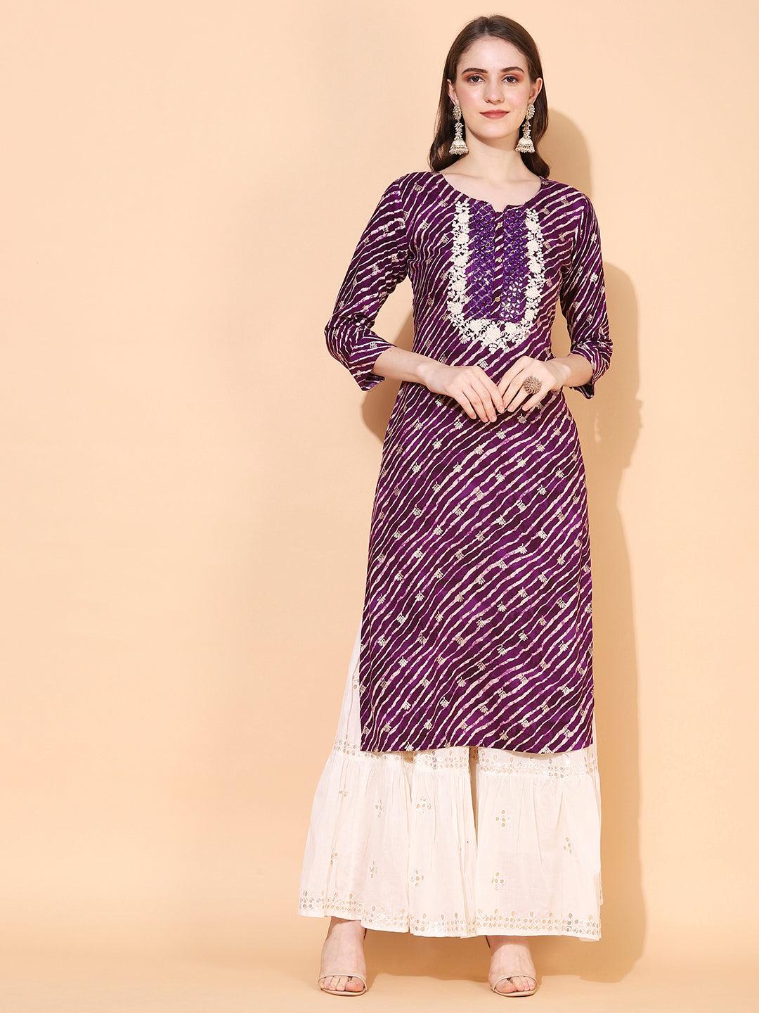 Leheriya Printed & Embroidered Straight Fit Kurta – Deep Purple - Indiakreations