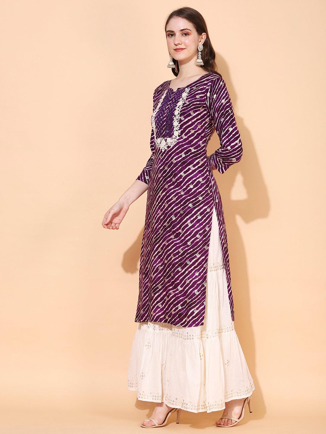 Leheriya Printed & Embroidered Straight Fit Kurta – Deep Purple - Indiakreations