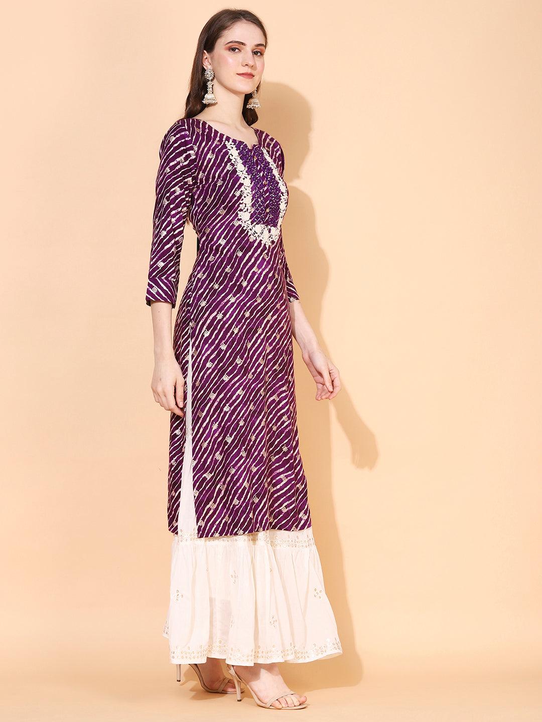 Leheriya Printed & Embroidered Straight Fit Kurta – Deep Purple - Indiakreations