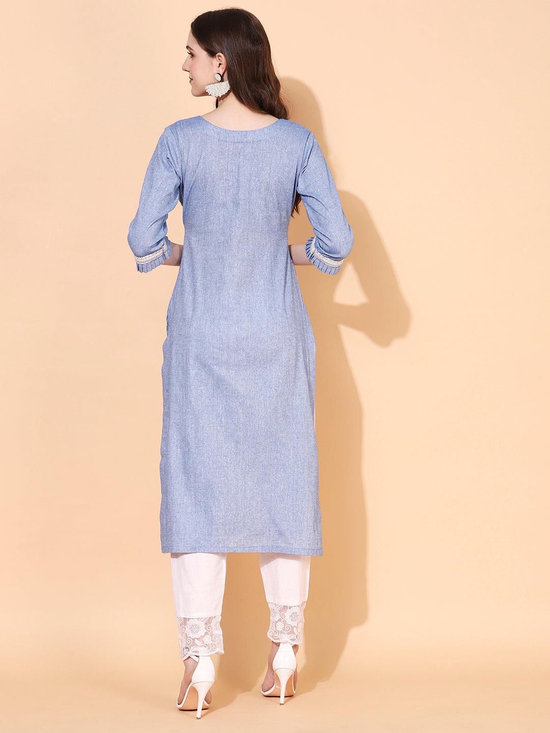 Ethnic Embroidered Straight Fit Kurta - Blue - Indiakreations