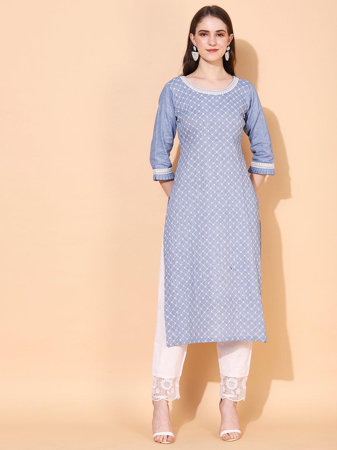 Ethnic Embroidered Straight Fit Kurta - Blue - Indiakreations