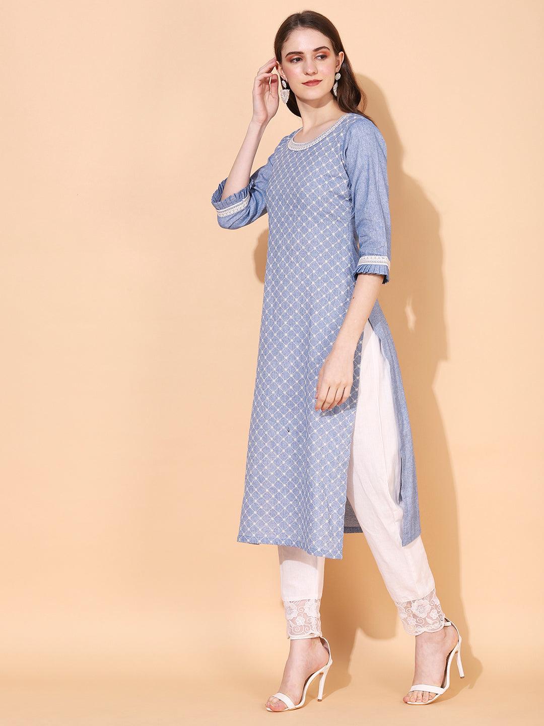 Ethnic Embroidered Straight Fit Kurta - Blue - Indiakreations