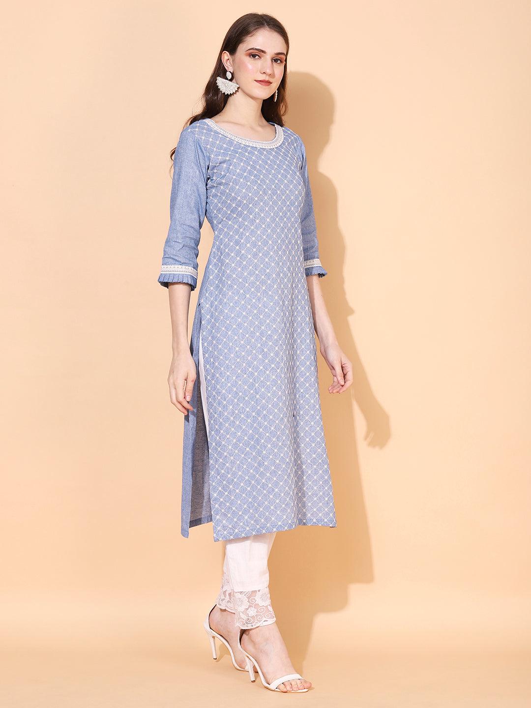 Ethnic Embroidered Straight Fit Kurta - Blue - Indiakreations