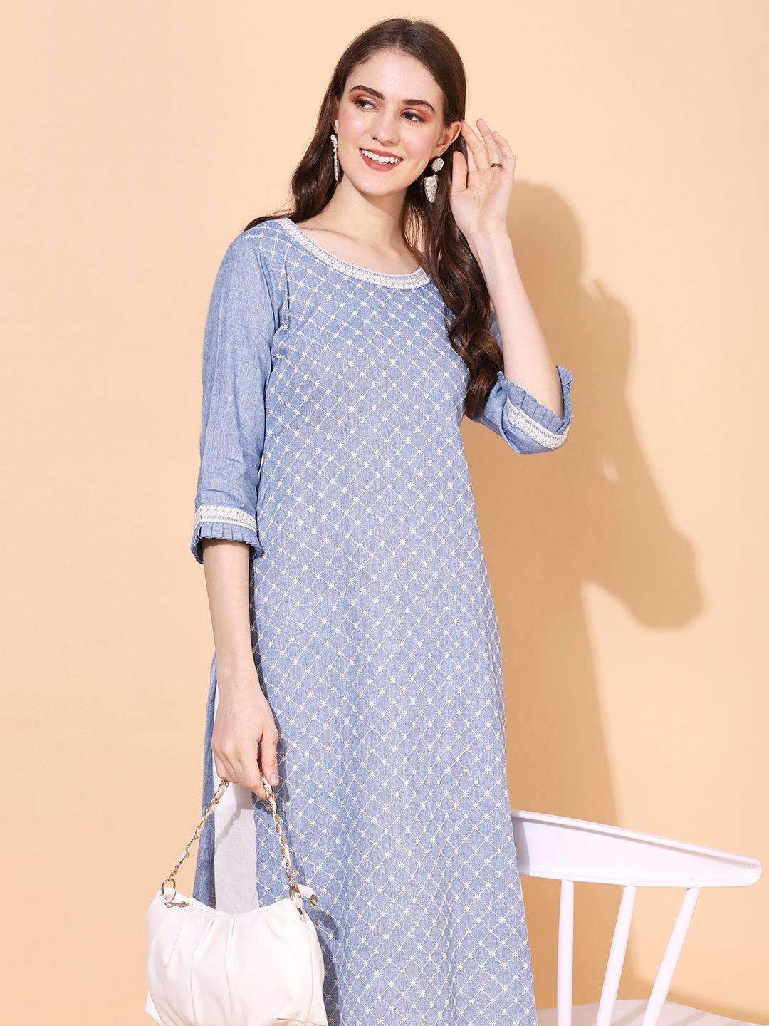 Ethnic Embroidered Straight Fit Kurta - Blue - Indiakreations