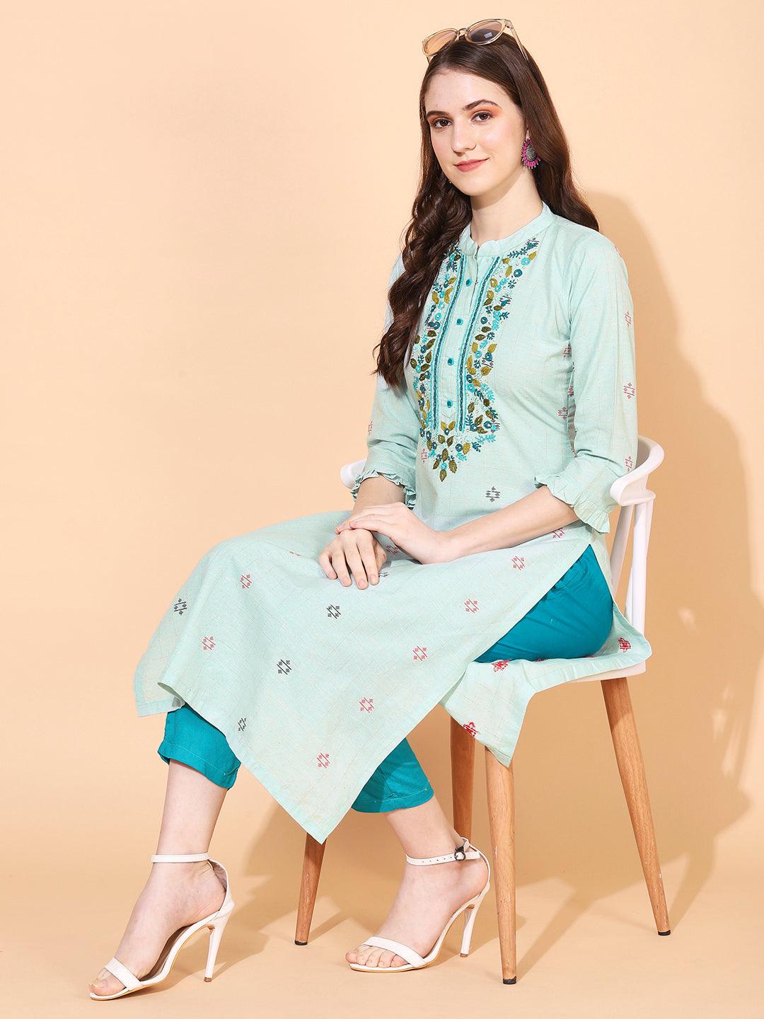 Ethnic Woven & Hand Embroidered Straight Fit Kurta – Mint Green - Indiakreations