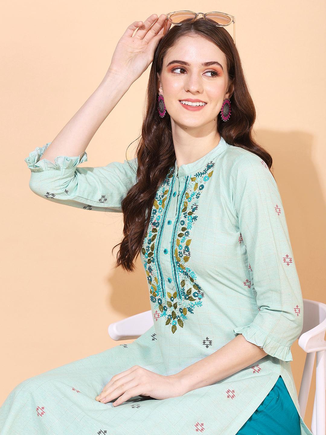 Ethnic Woven & Hand Embroidered Straight Fit Kurta – Mint Green - Indiakreations