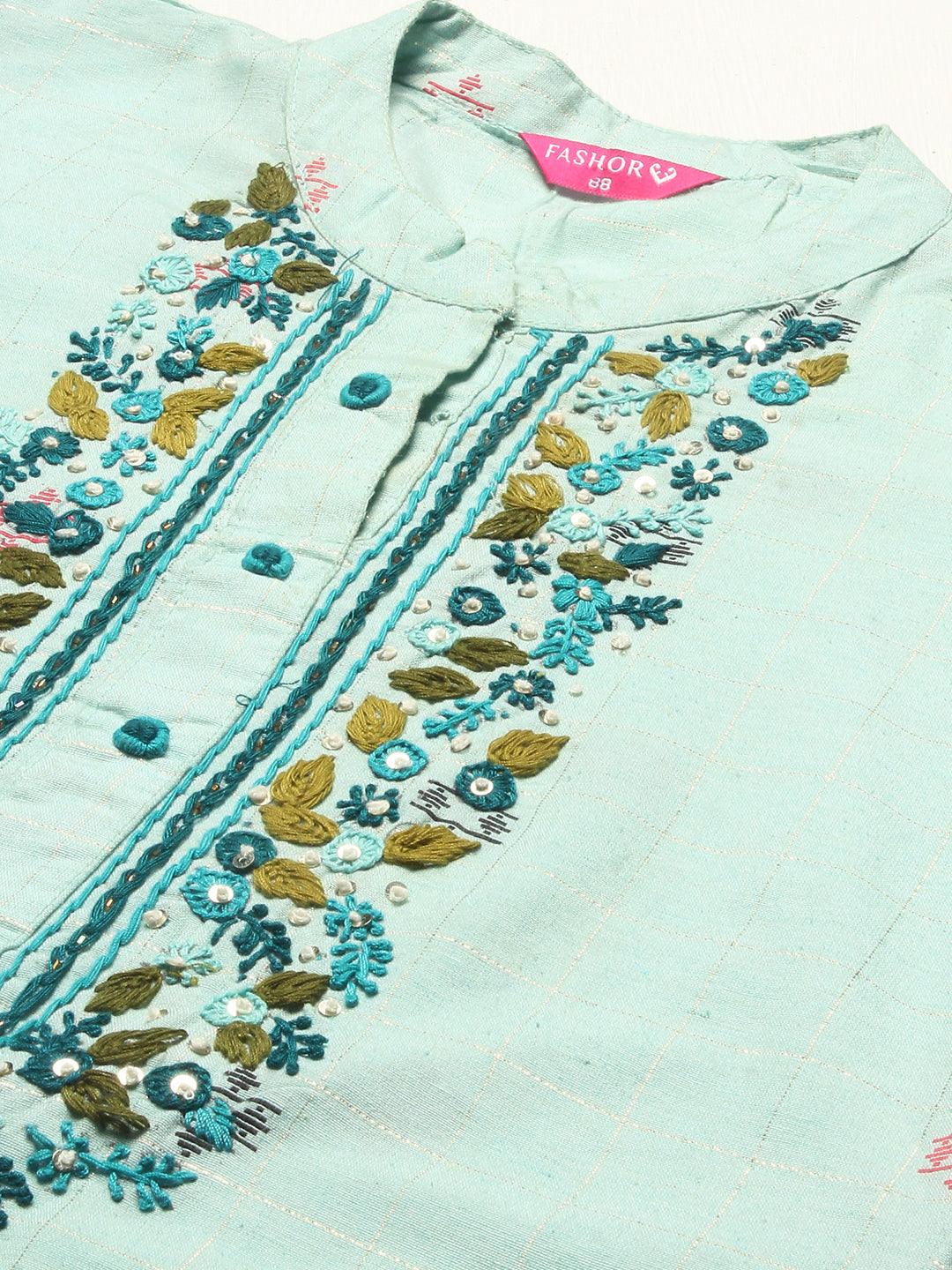 Ethnic Woven & Hand Embroidered Straight Fit Kurta – Mint Green - Indiakreations