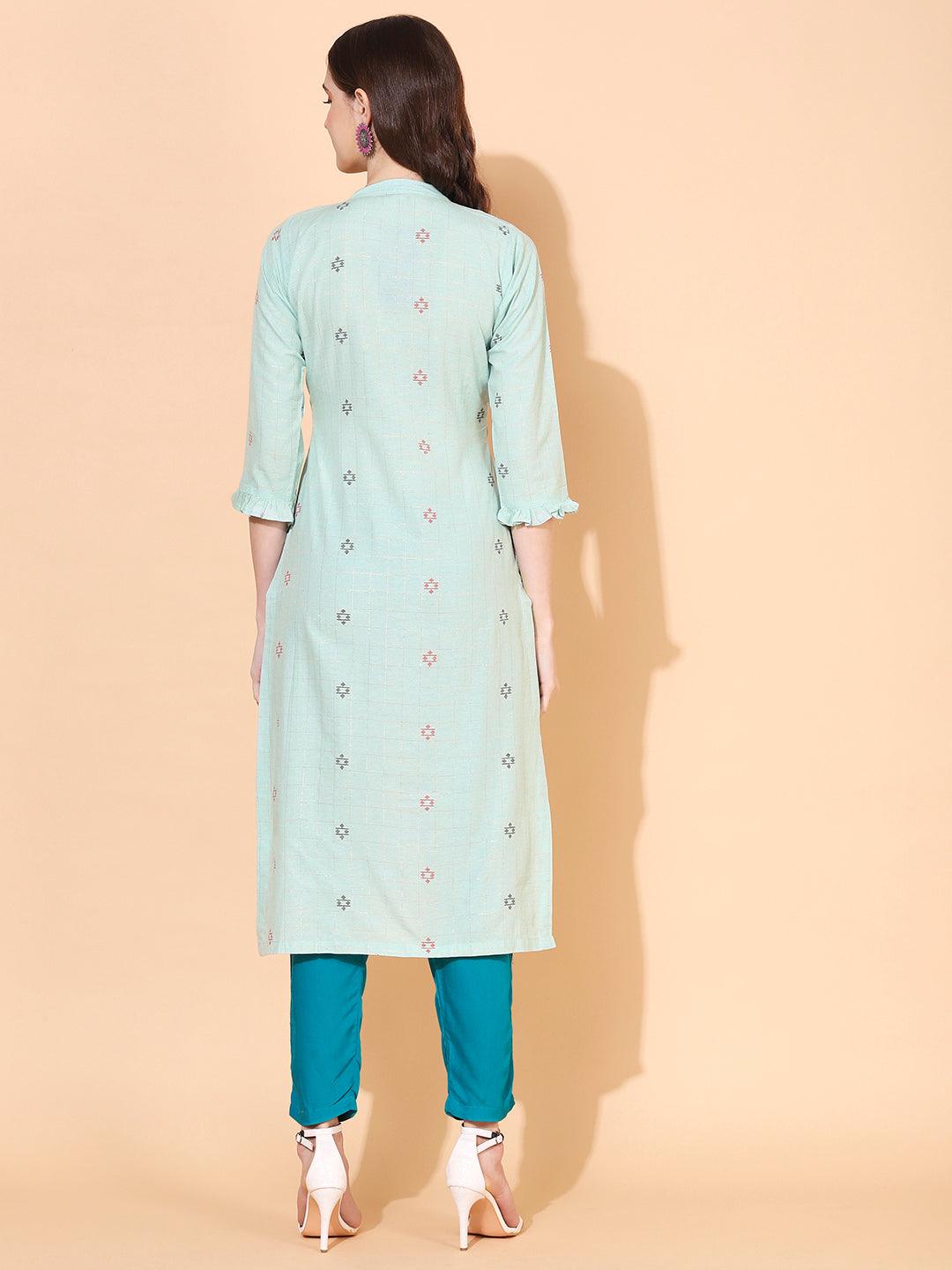 Ethnic Woven & Hand Embroidered Straight Fit Kurta – Mint Green - Indiakreations