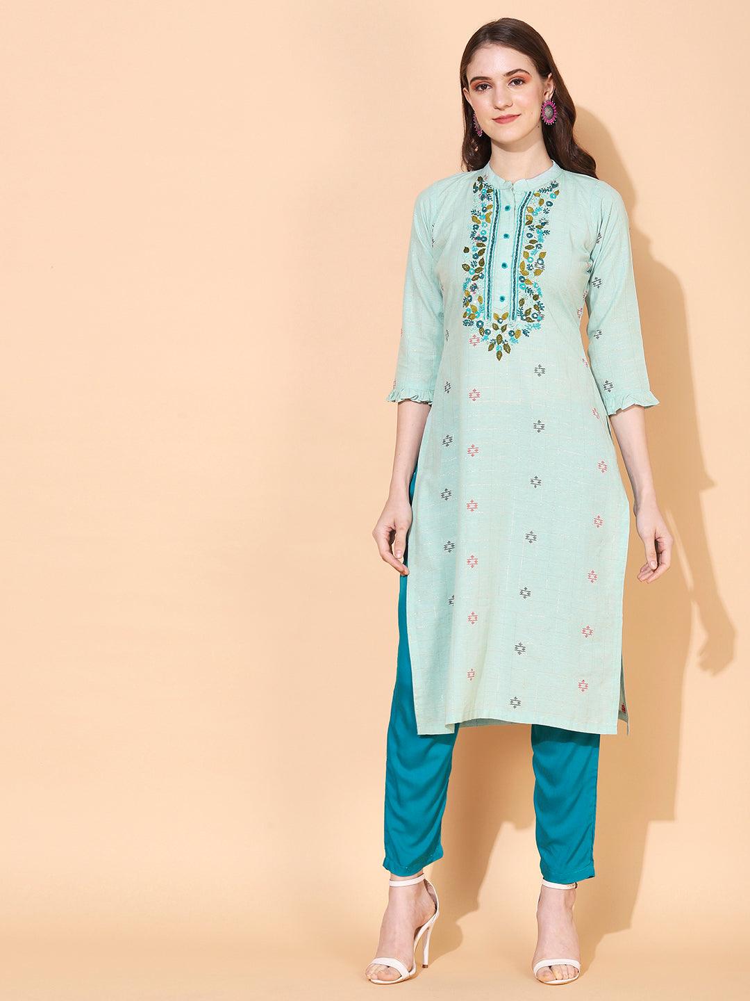 Ethnic Woven & Hand Embroidered Straight Fit Kurta – Mint Green - Indiakreations