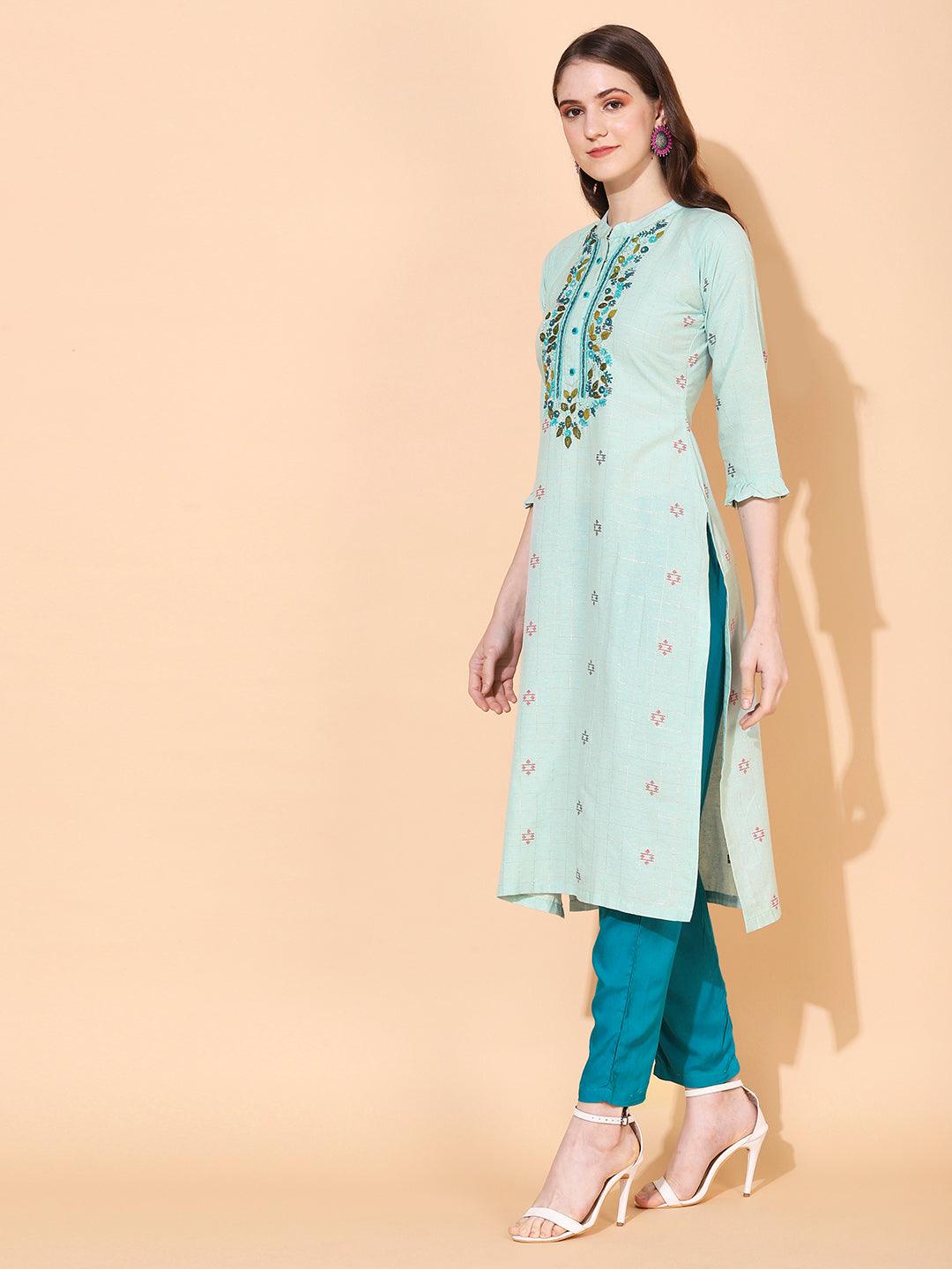 Ethnic Woven & Hand Embroidered Straight Fit Kurta – Mint Green - Indiakreations