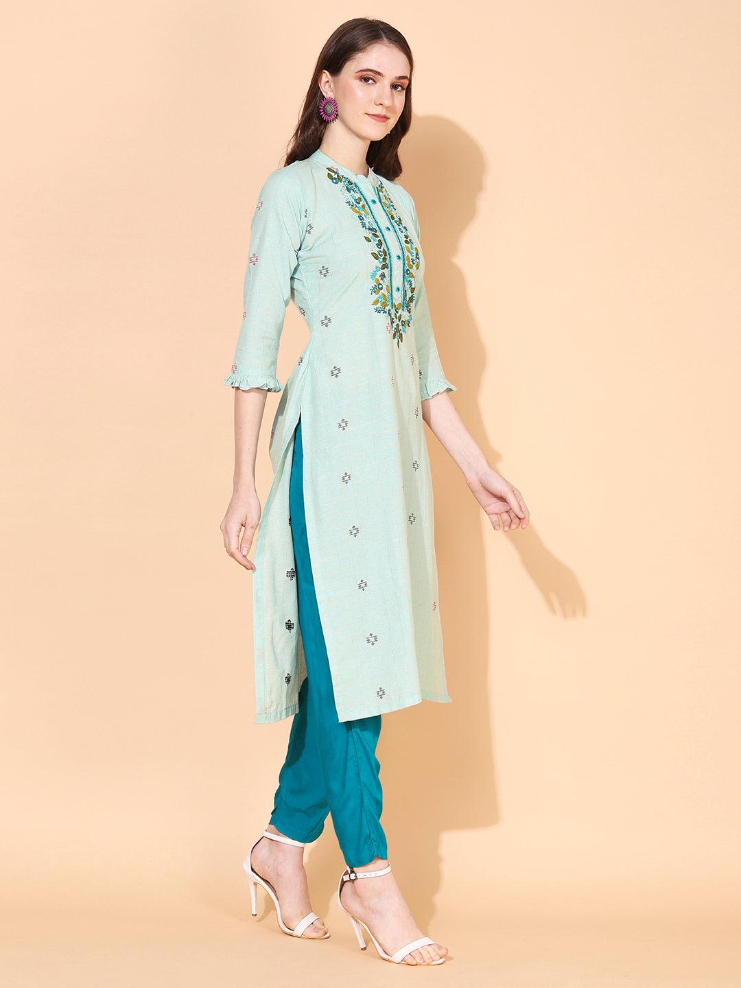 Ethnic Woven & Hand Embroidered Straight Fit Kurta – Mint Green - Indiakreations