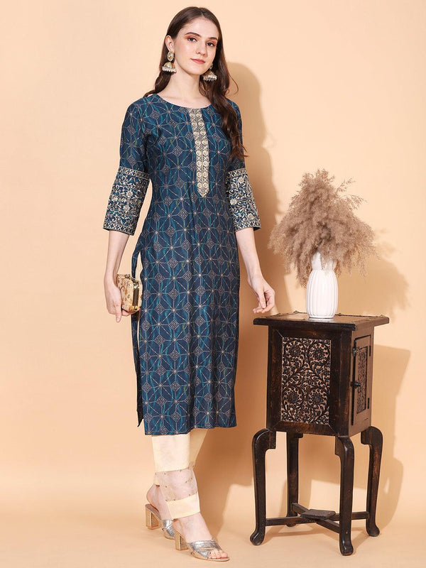 Ethnic Printed & Embroidered Straight Fit Kurta – Blue - Indiakreations