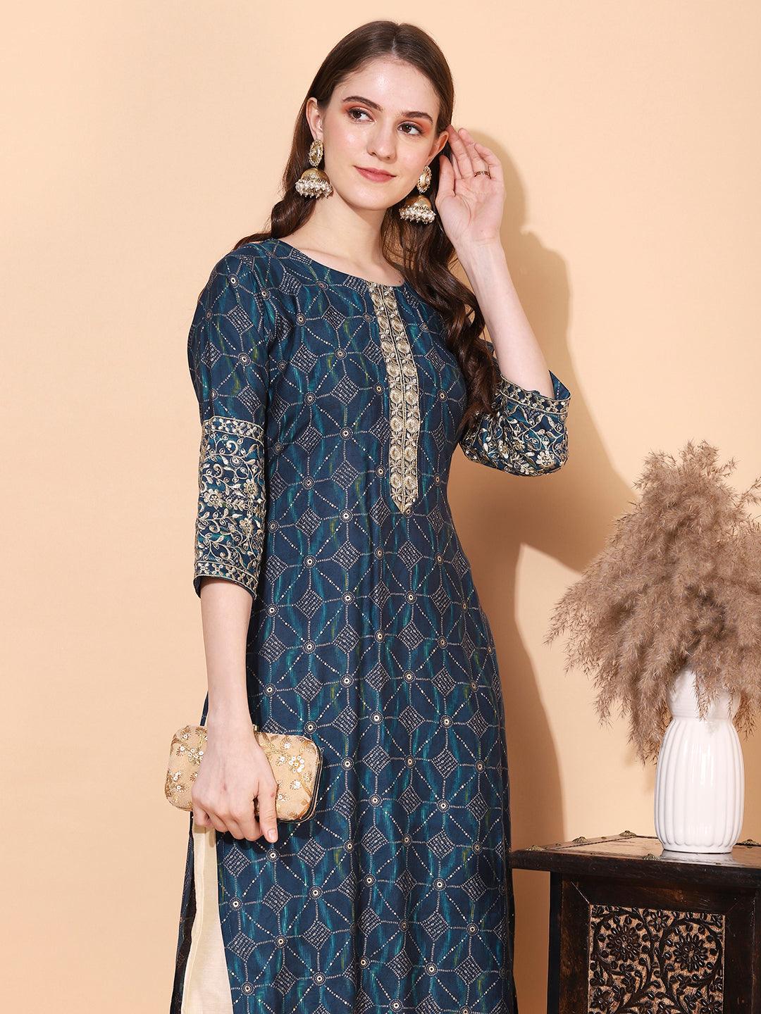 Ethnic Printed & Embroidered Straight Fit Kurta – Blue - Indiakreations