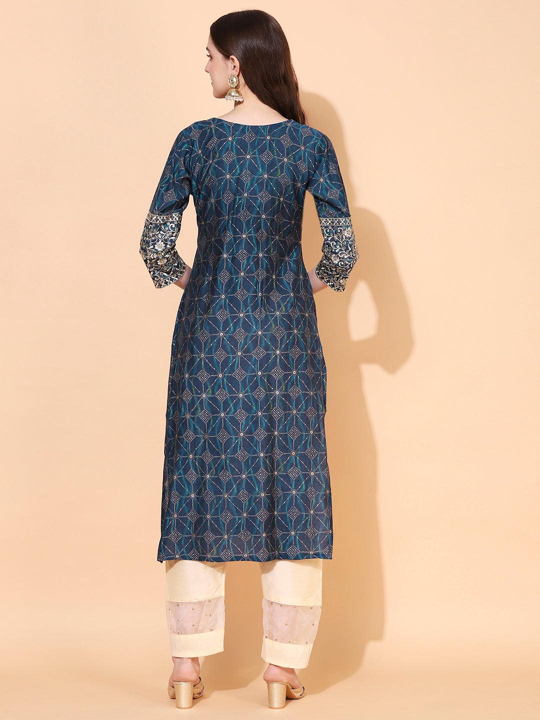 Ethnic Printed & Embroidered Straight Fit Kurta – Blue - Indiakreations