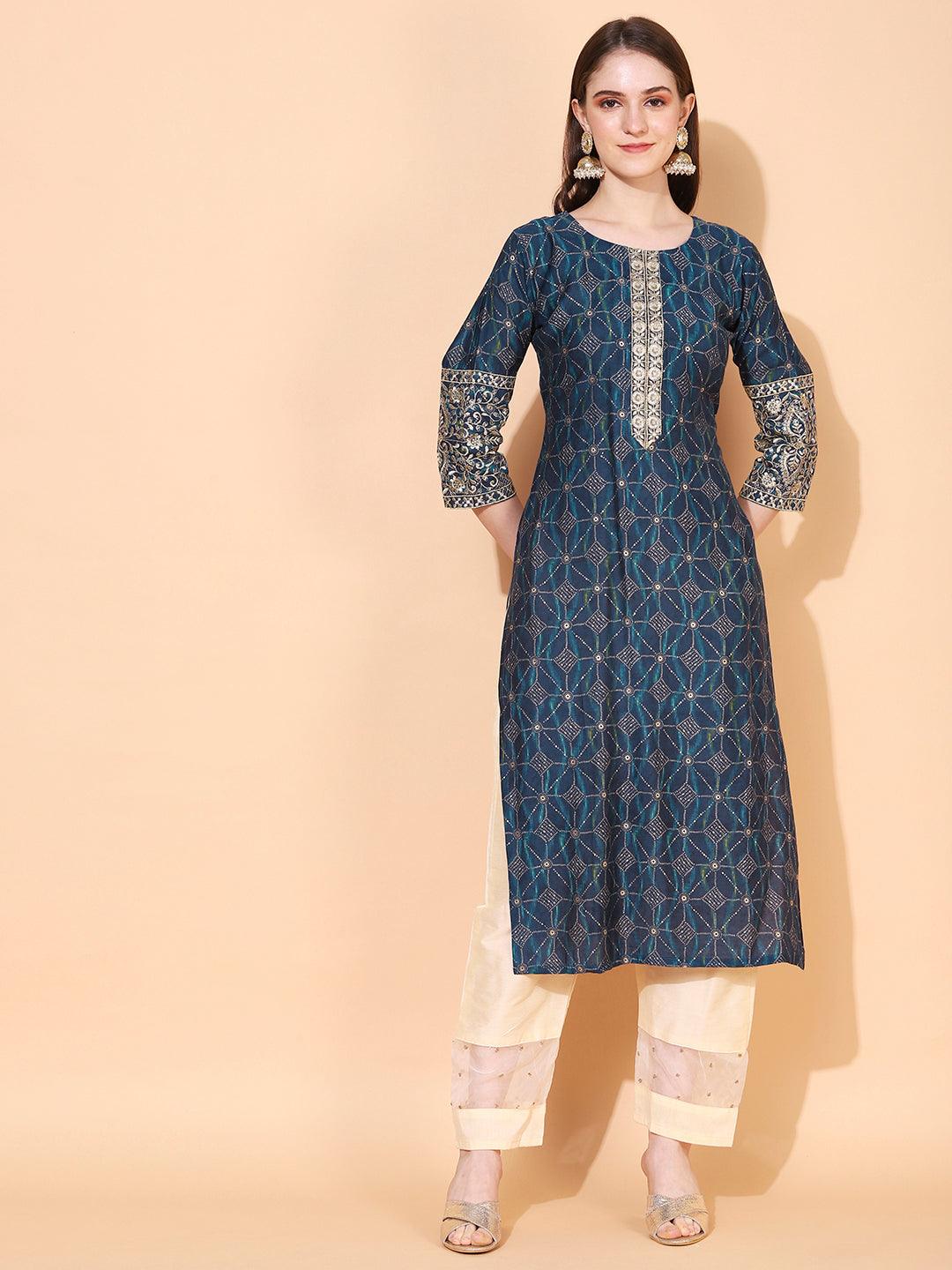 Ethnic Printed & Embroidered Straight Fit Kurta – Blue - Indiakreations