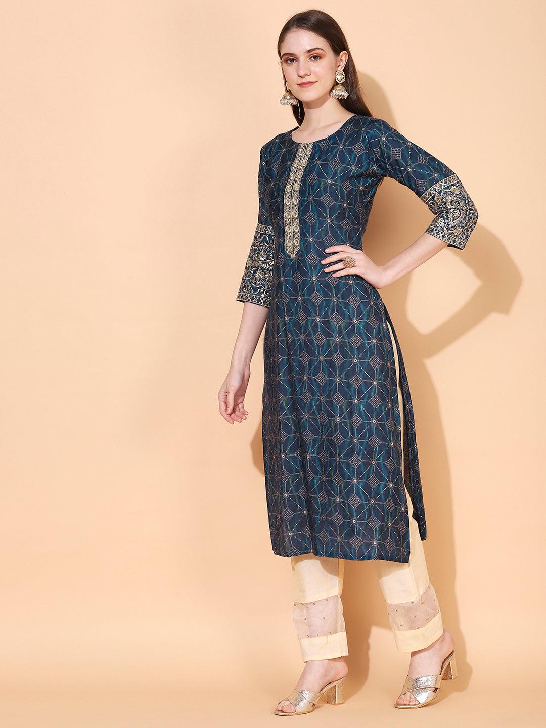 Ethnic Printed & Embroidered Straight Fit Kurta – Blue - Indiakreations