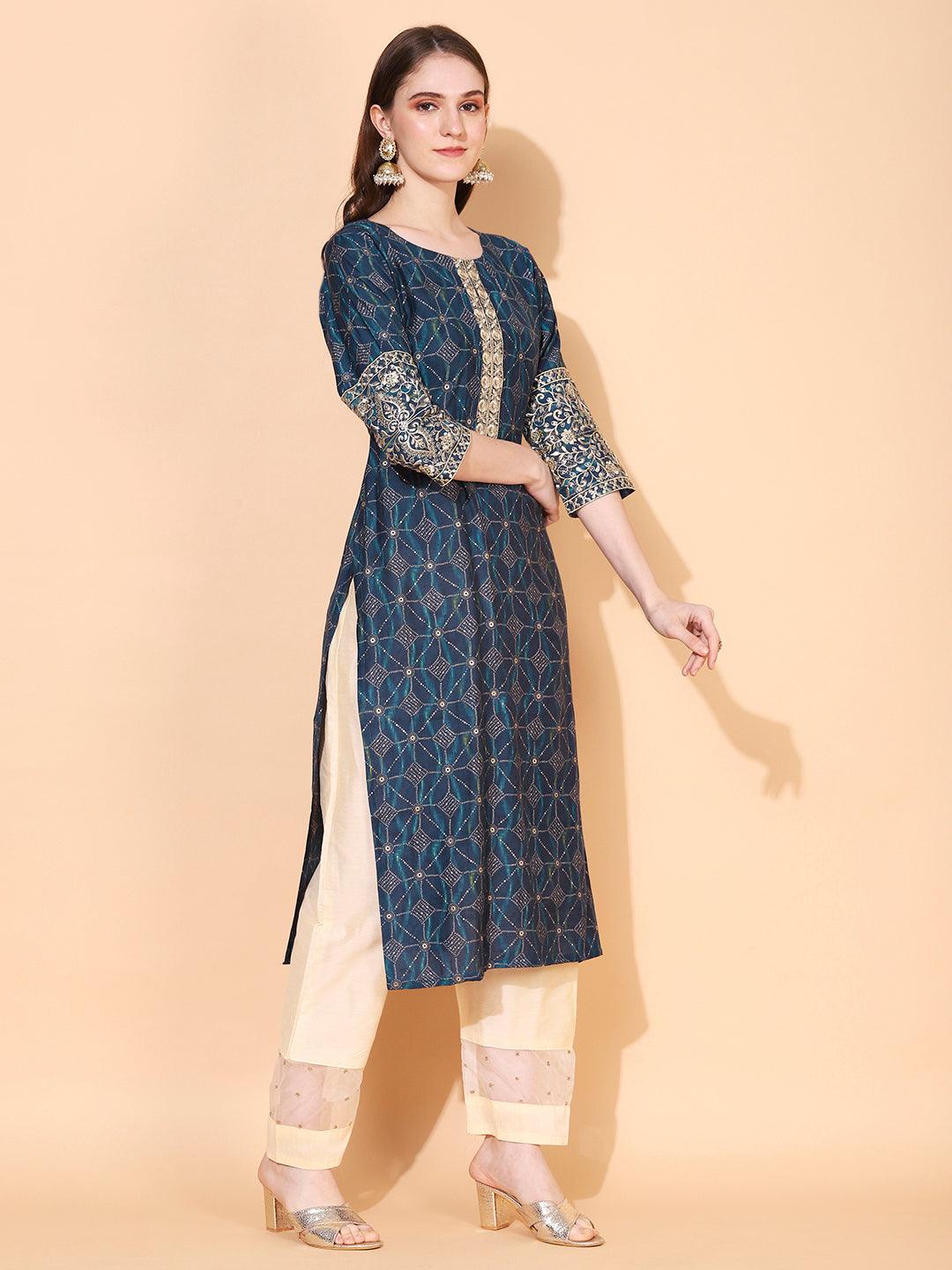 Ethnic Printed & Embroidered Straight Fit Kurta – Blue - Indiakreations