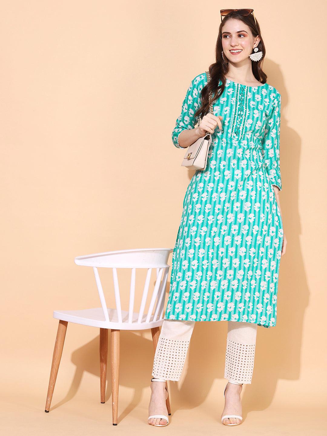 Ethnic Woven & Embroidered Straight Fit Kurta - Mint Green - Indiakreations