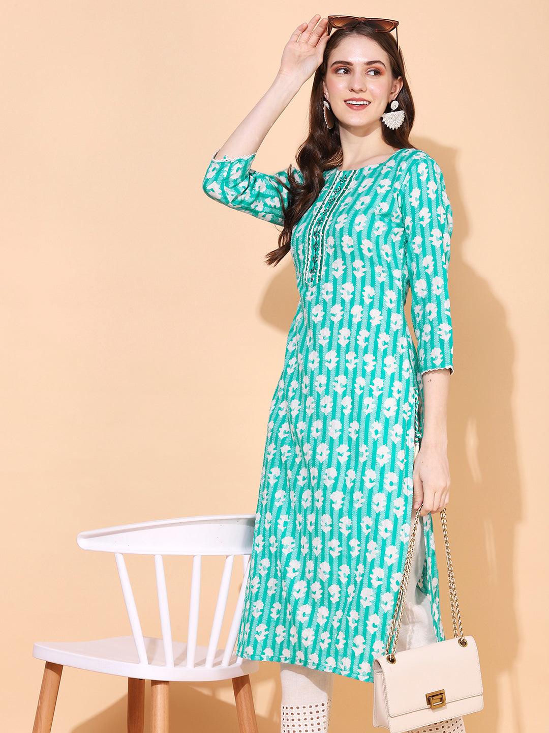 Ethnic Woven & Embroidered Straight Fit Kurta - Mint Green - Indiakreations