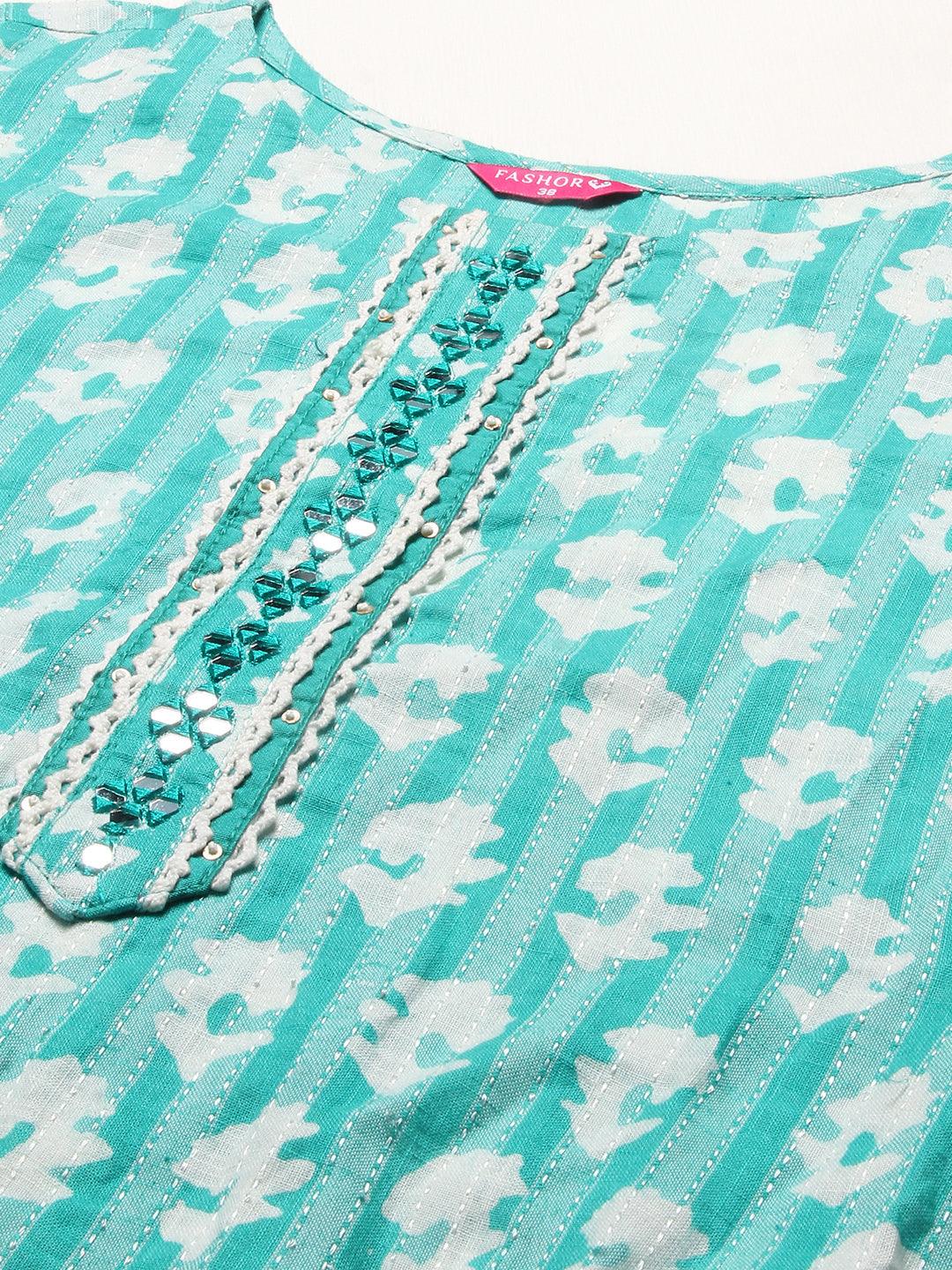 Ethnic Woven & Embroidered Straight Fit Kurta - Mint Green - Indiakreations