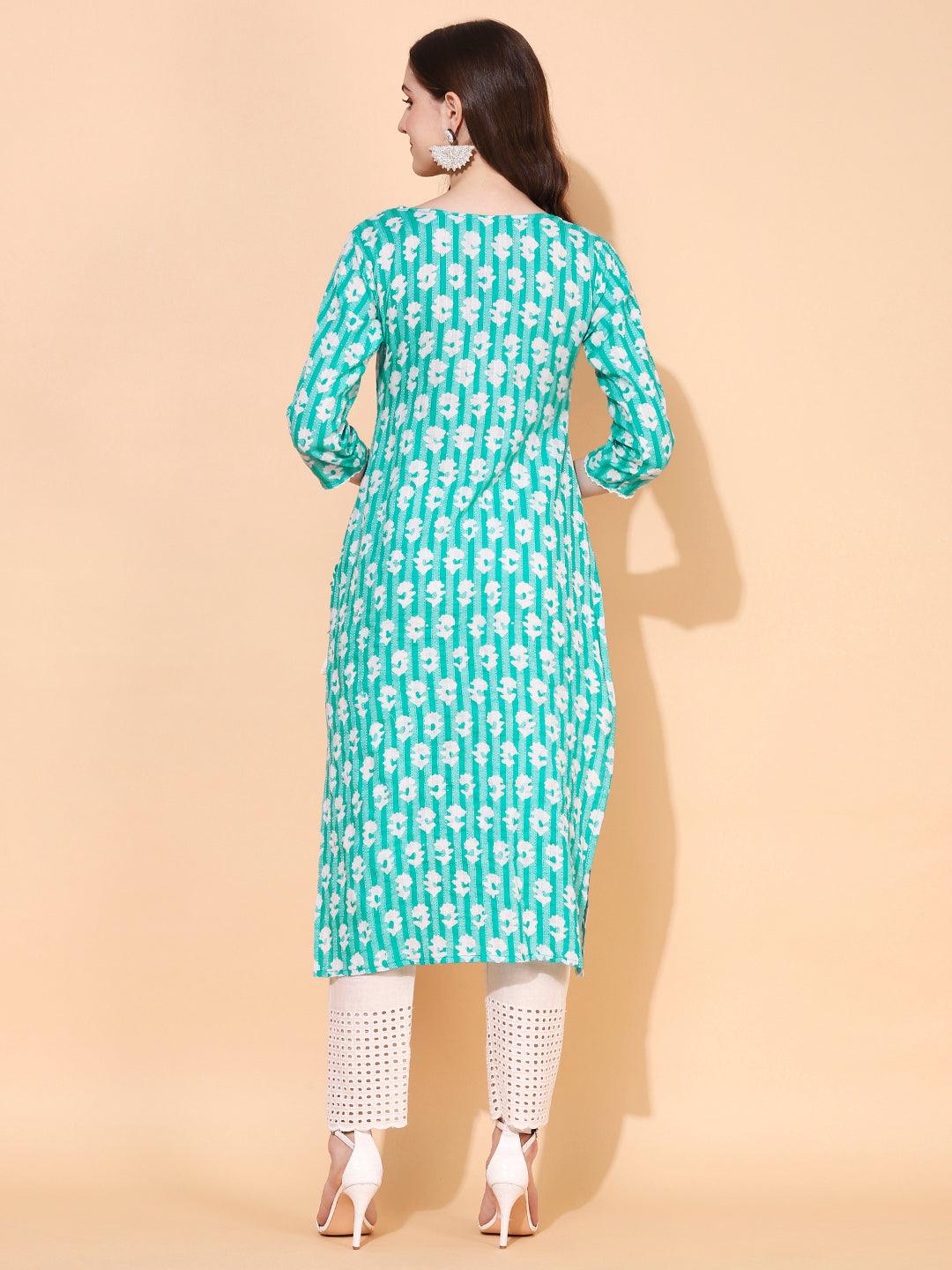 Ethnic Woven & Embroidered Straight Fit Kurta - Mint Green - Indiakreations