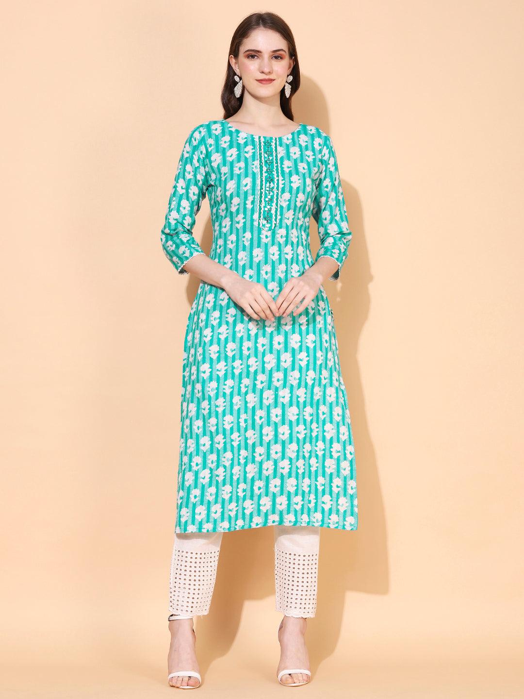 Ethnic Woven & Embroidered Straight Fit Kurta - Mint Green - Indiakreations