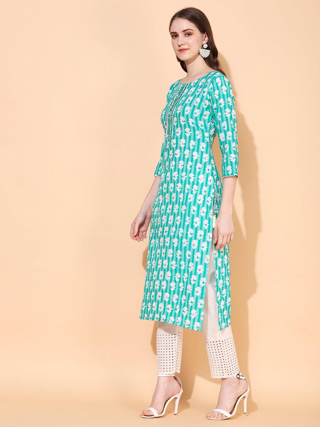 Ethnic Woven & Embroidered Straight Fit Kurta - Mint Green - Indiakreations