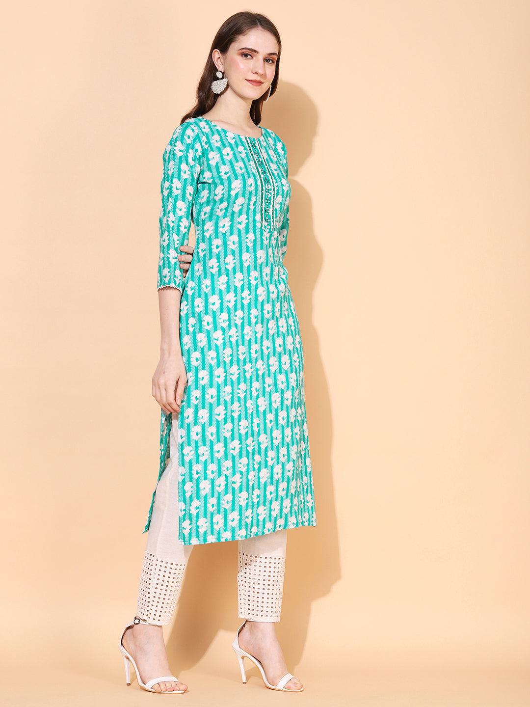 Ethnic Woven & Embroidered Straight Fit Kurta - Mint Green - Indiakreations