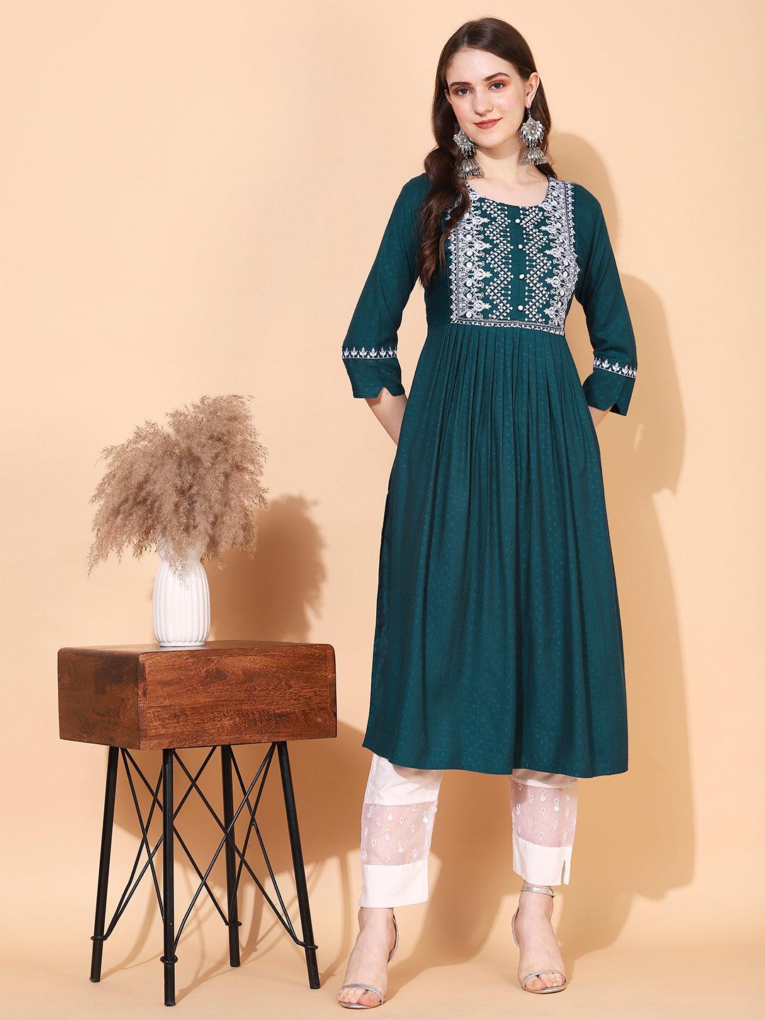 Ethnic Woven & Embroidered A-Line Kurta – Teal Green - Indiakreations