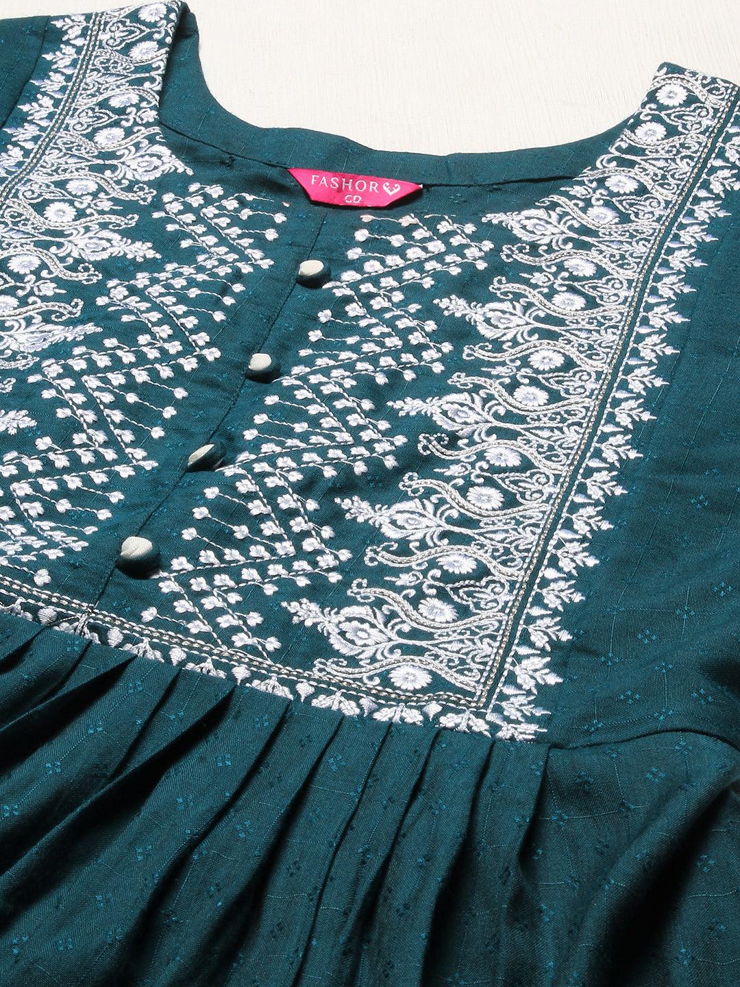 Ethnic Woven & Embroidered A-Line Kurta – Teal Green - Indiakreations