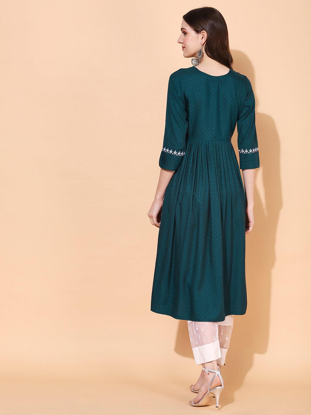 Ethnic Woven & Embroidered A-Line Kurta – Teal Green - Indiakreations