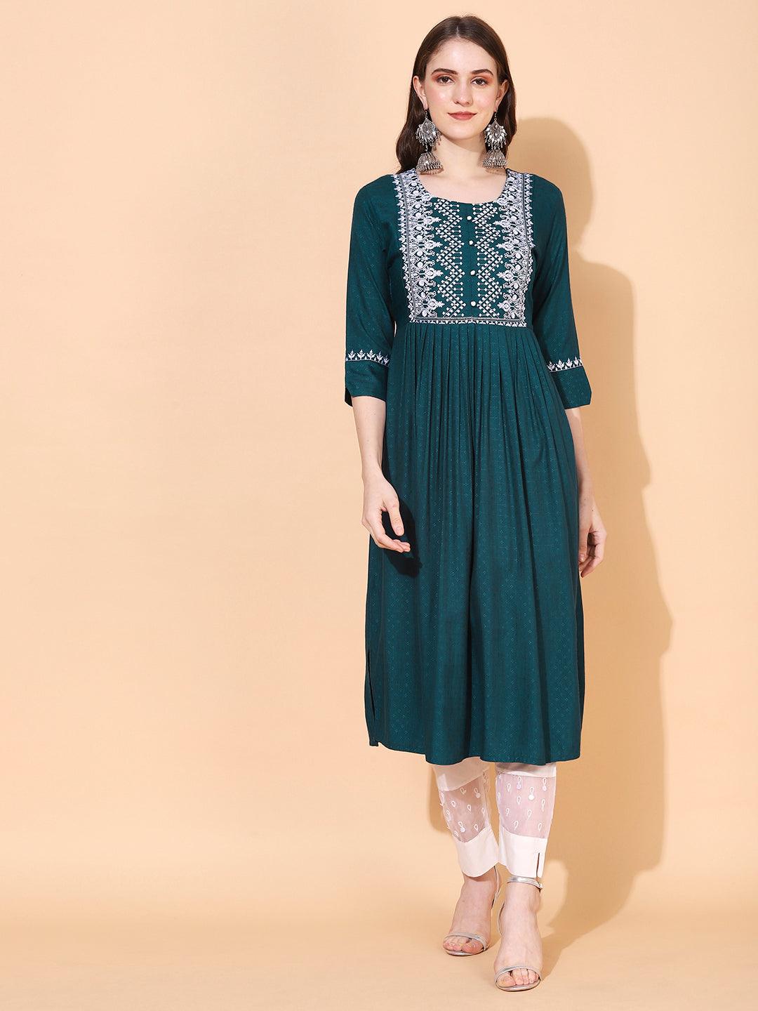 Ethnic Woven & Embroidered A-Line Kurta – Teal Green - Indiakreations