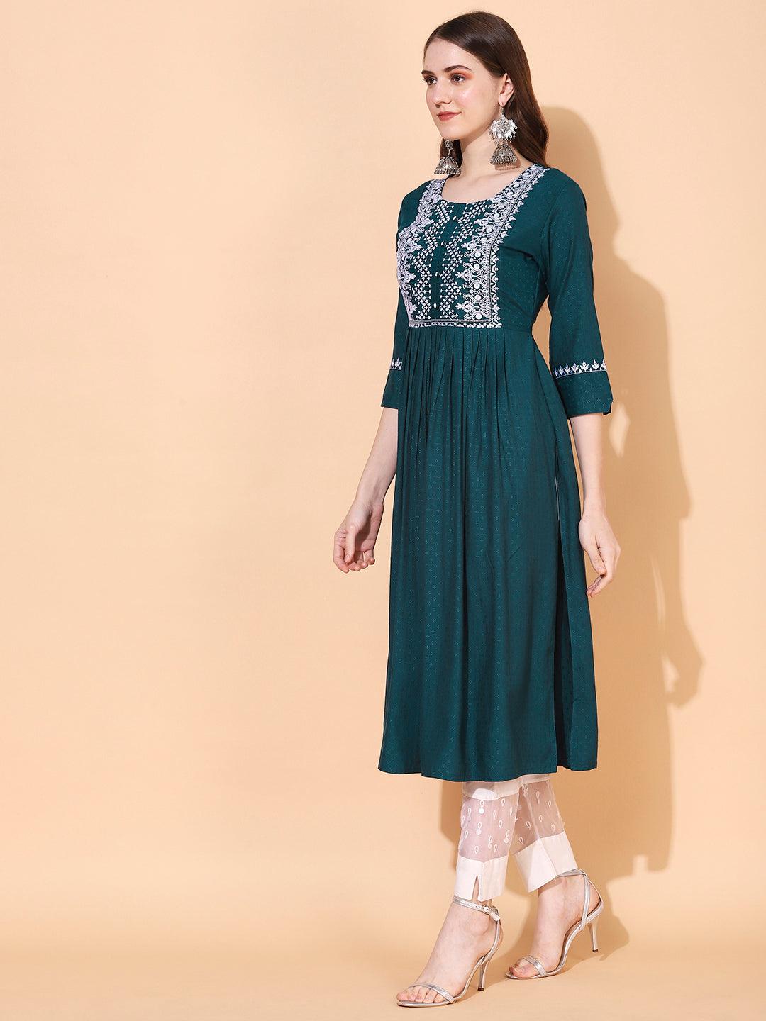 Ethnic Woven & Embroidered A-Line Kurta – Teal Green - Indiakreations