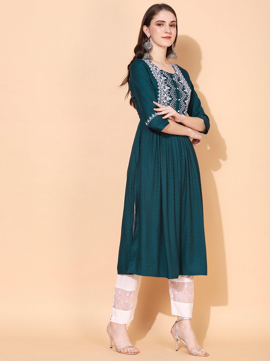 Ethnic Woven & Embroidered A-Line Kurta – Teal Green - Indiakreations