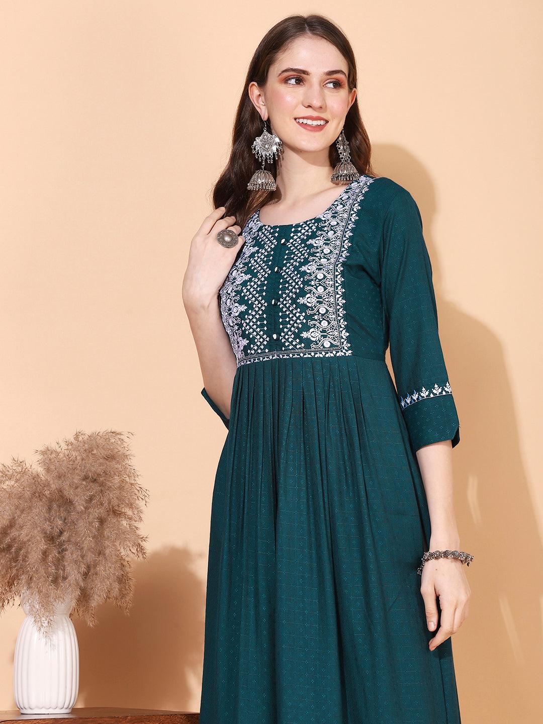 Ethnic Woven & Embroidered A-Line Kurta – Teal Green - Indiakreations