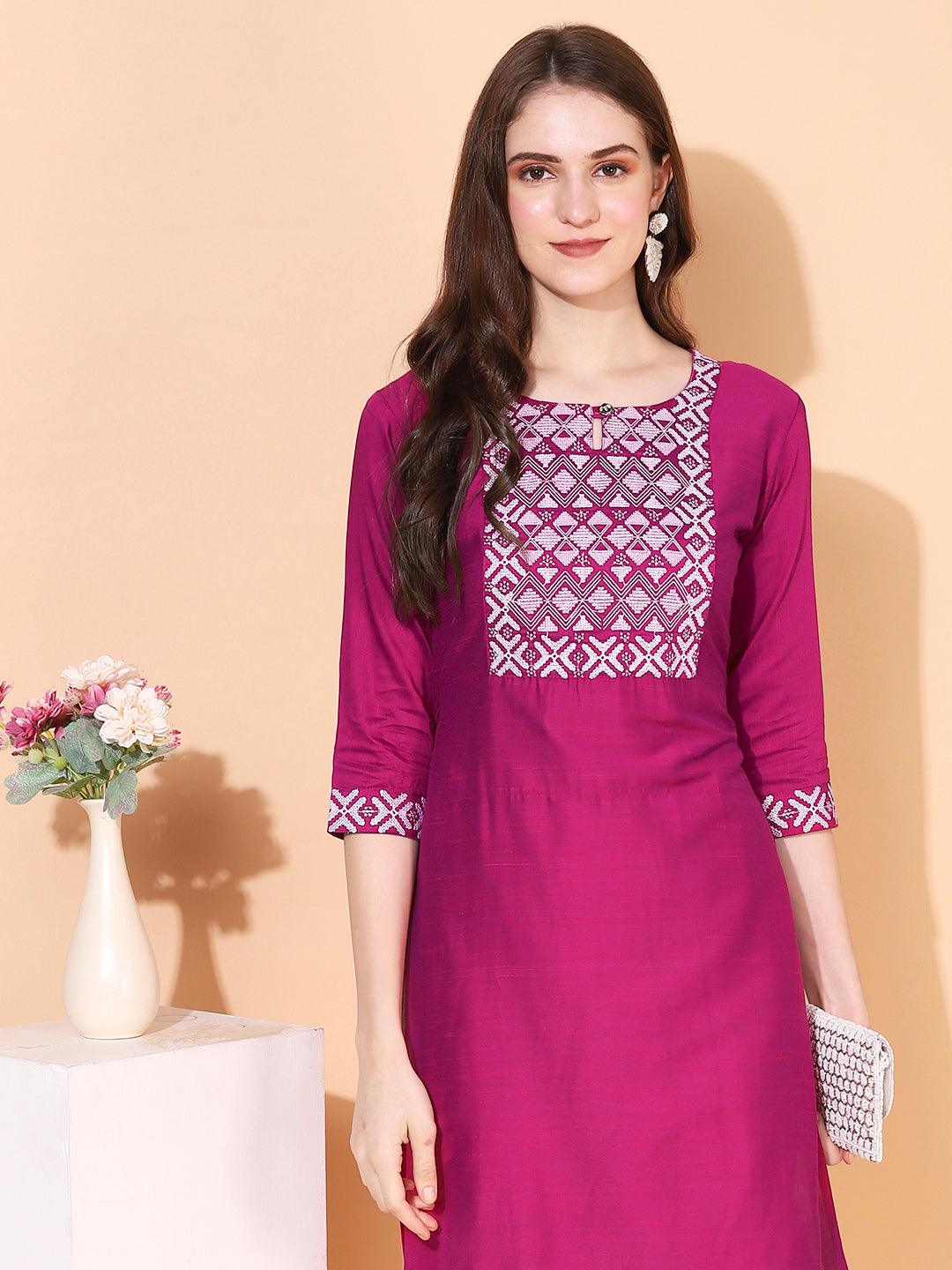 Ethnic Embroidered Straight Fit Kurta – Magenta - Indiakreations