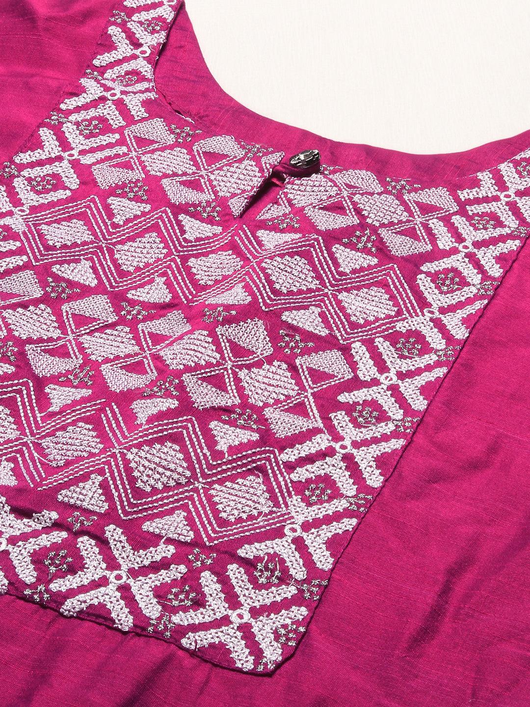 Ethnic Embroidered Straight Fit Kurta – Magenta - Indiakreations