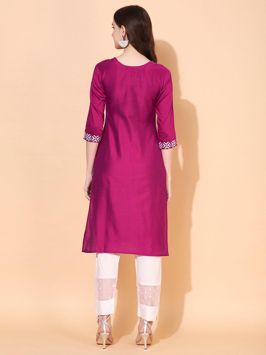 Ethnic Embroidered Straight Fit Kurta – Magenta - Indiakreations