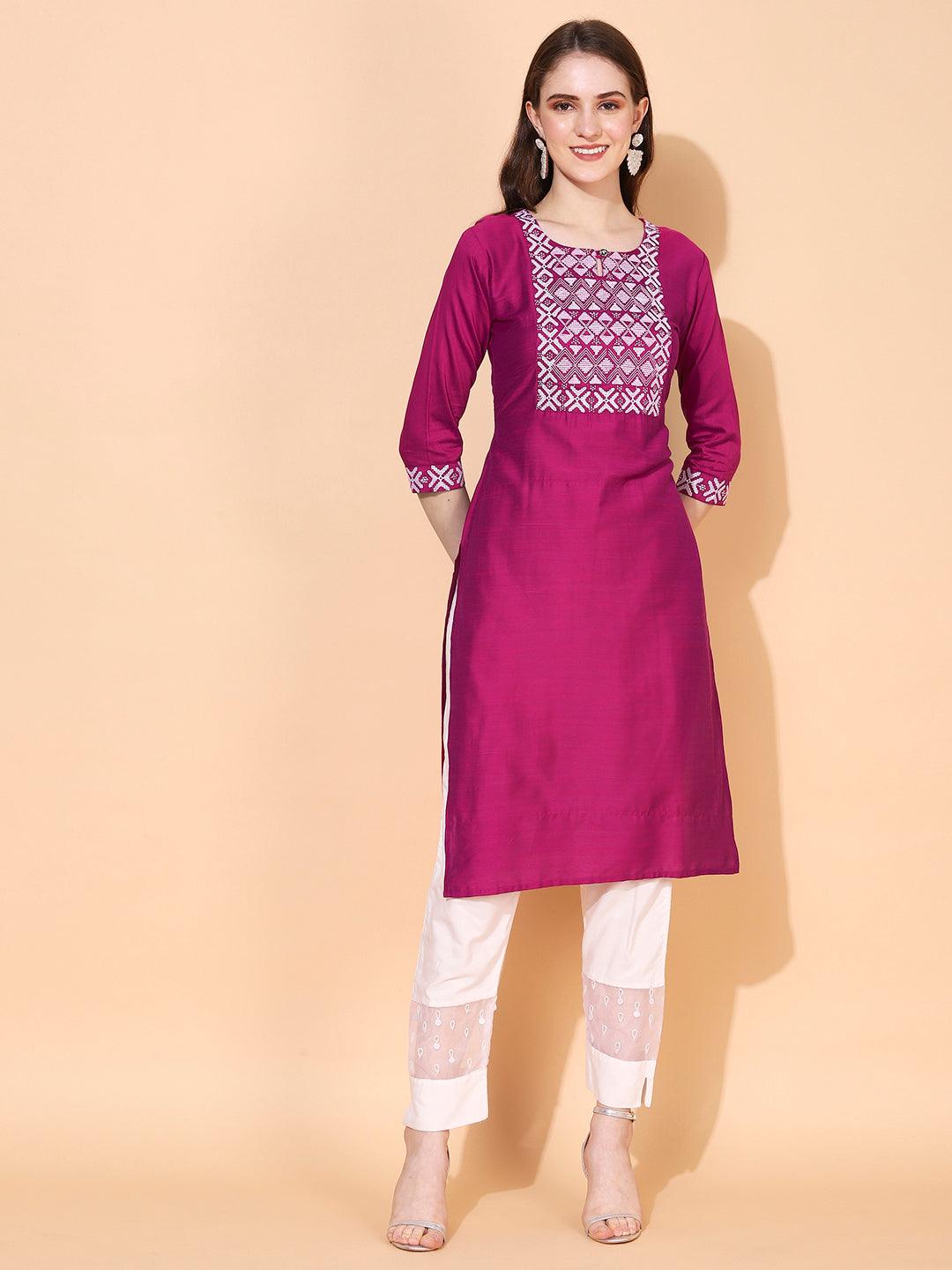 Ethnic Embroidered Straight Fit Kurta – Magenta - Indiakreations