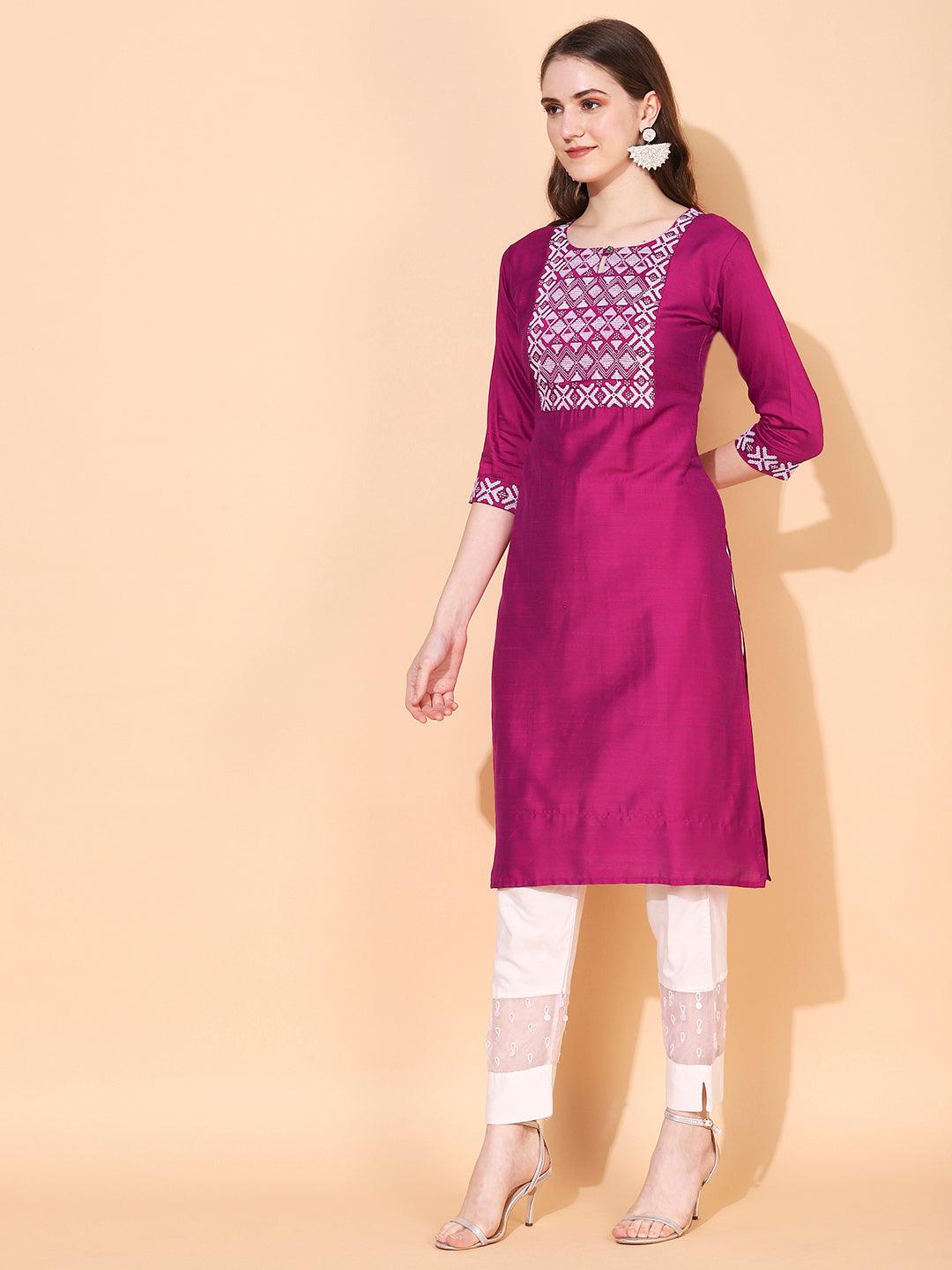 Ethnic Embroidered Straight Fit Kurta – Magenta - Indiakreations