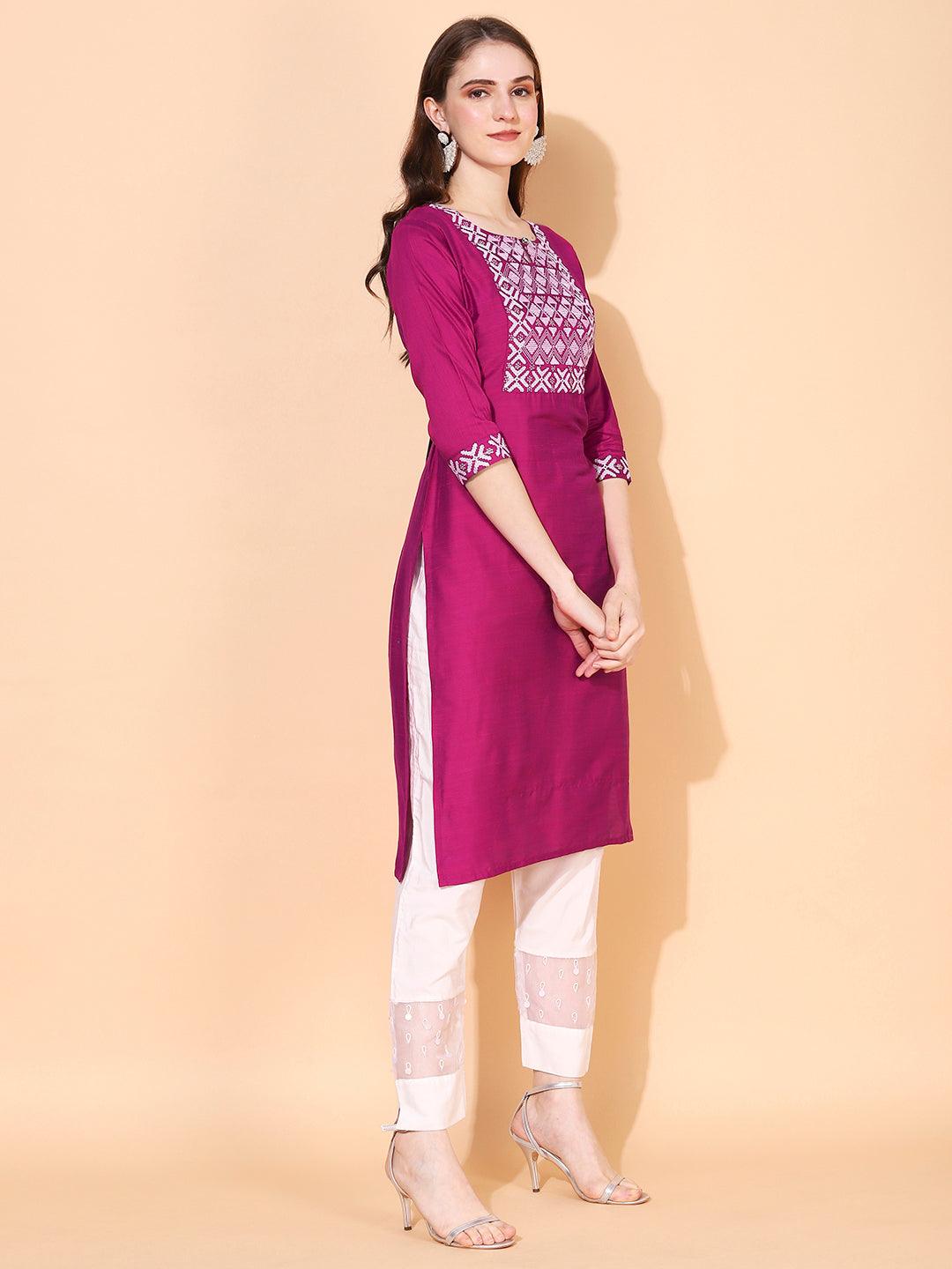 Ethnic Embroidered Straight Fit Kurta – Magenta - Indiakreations