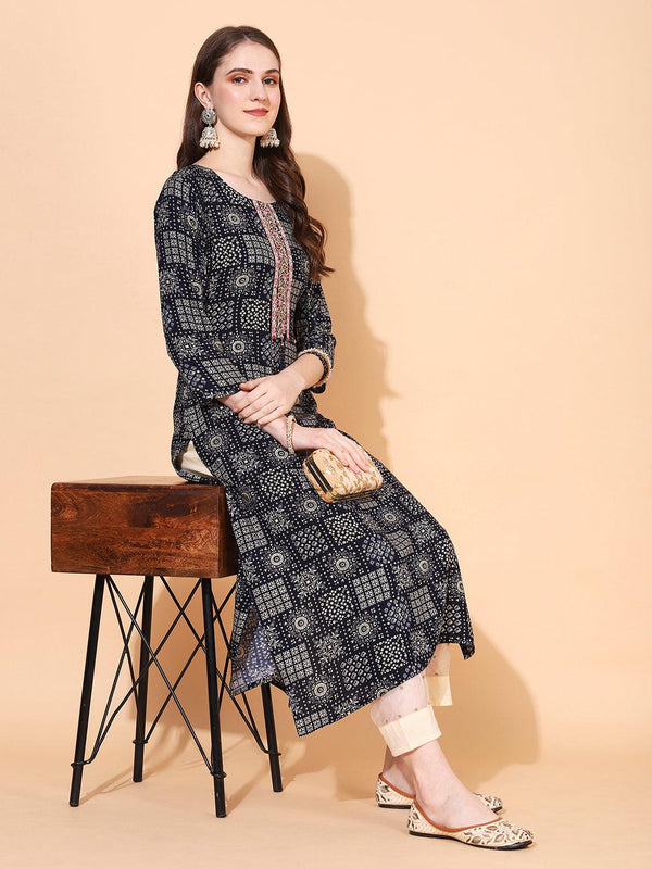 Ethnic Printed & Hand Embroidered Straight Fit Kurta - Navy Blue - Indiakreations