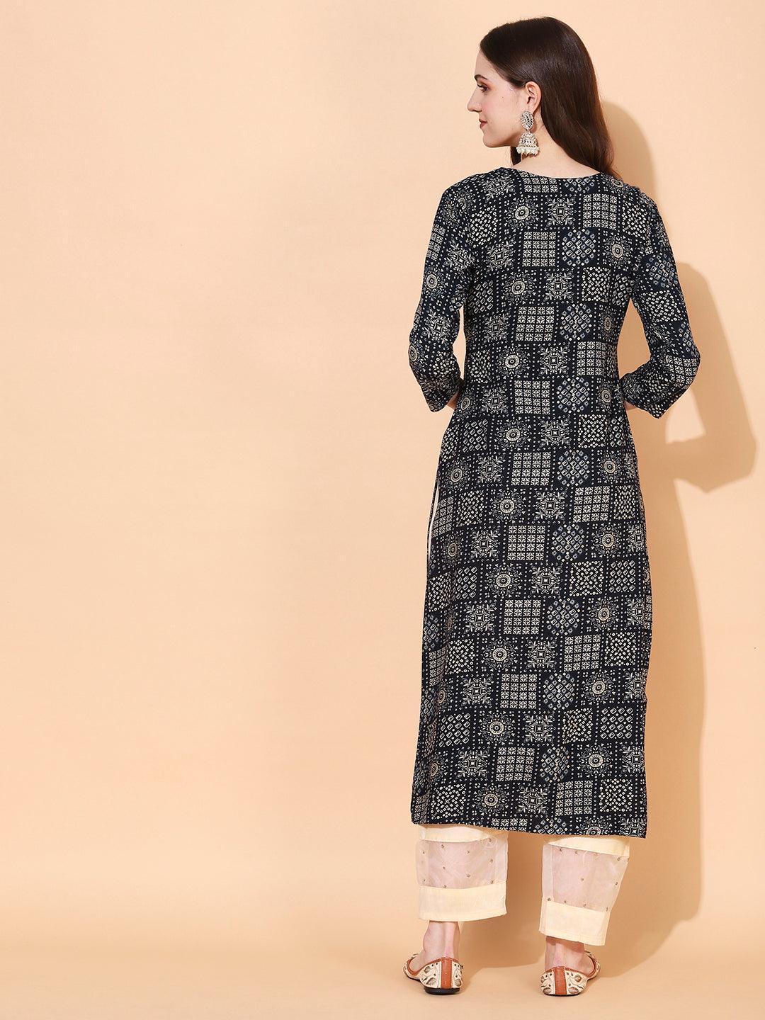 Ethnic Printed & Hand Embroidered Straight Fit Kurta - Navy Blue - Indiakreations