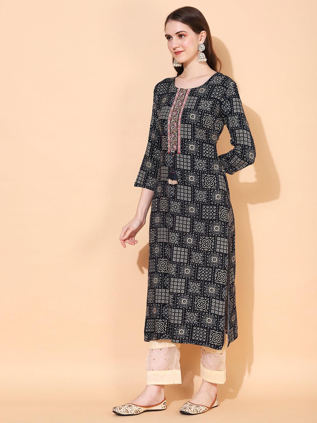 Ethnic Printed & Hand Embroidered Straight Fit Kurta - Navy Blue - Indiakreations