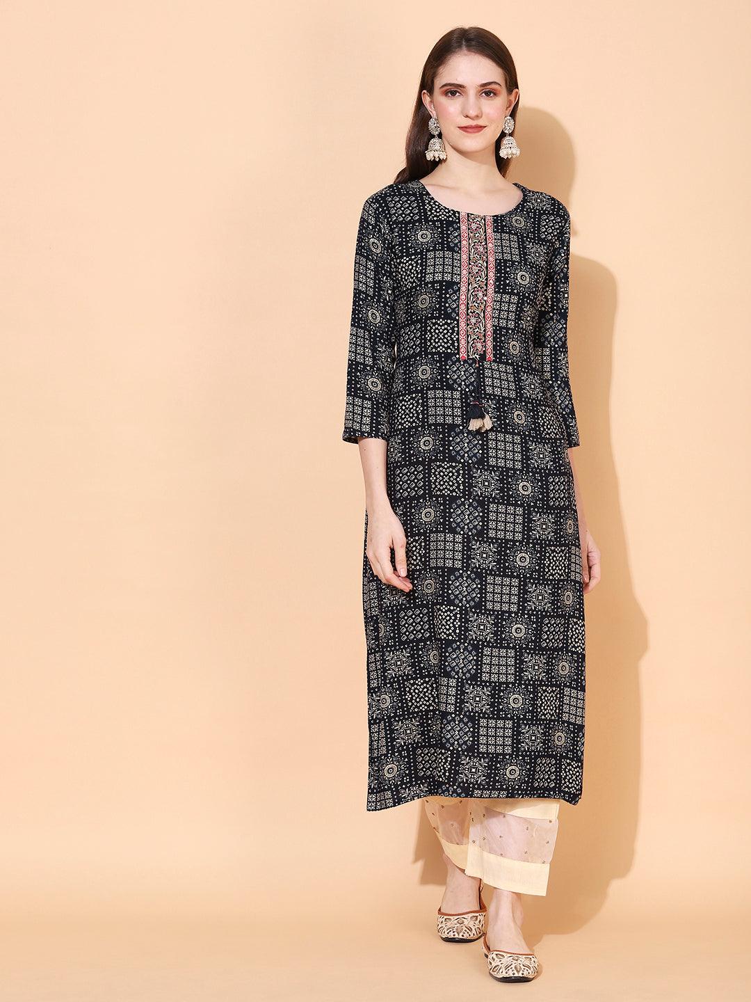 Ethnic Printed & Hand Embroidered Straight Fit Kurta - Navy Blue - Indiakreations