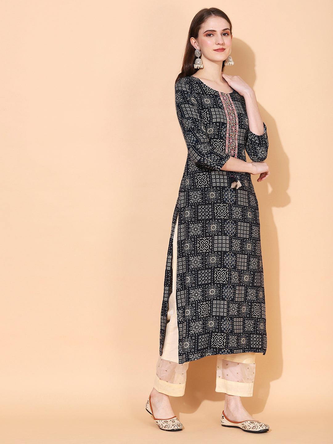 Ethnic Printed & Hand Embroidered Straight Fit Kurta - Navy Blue - Indiakreations