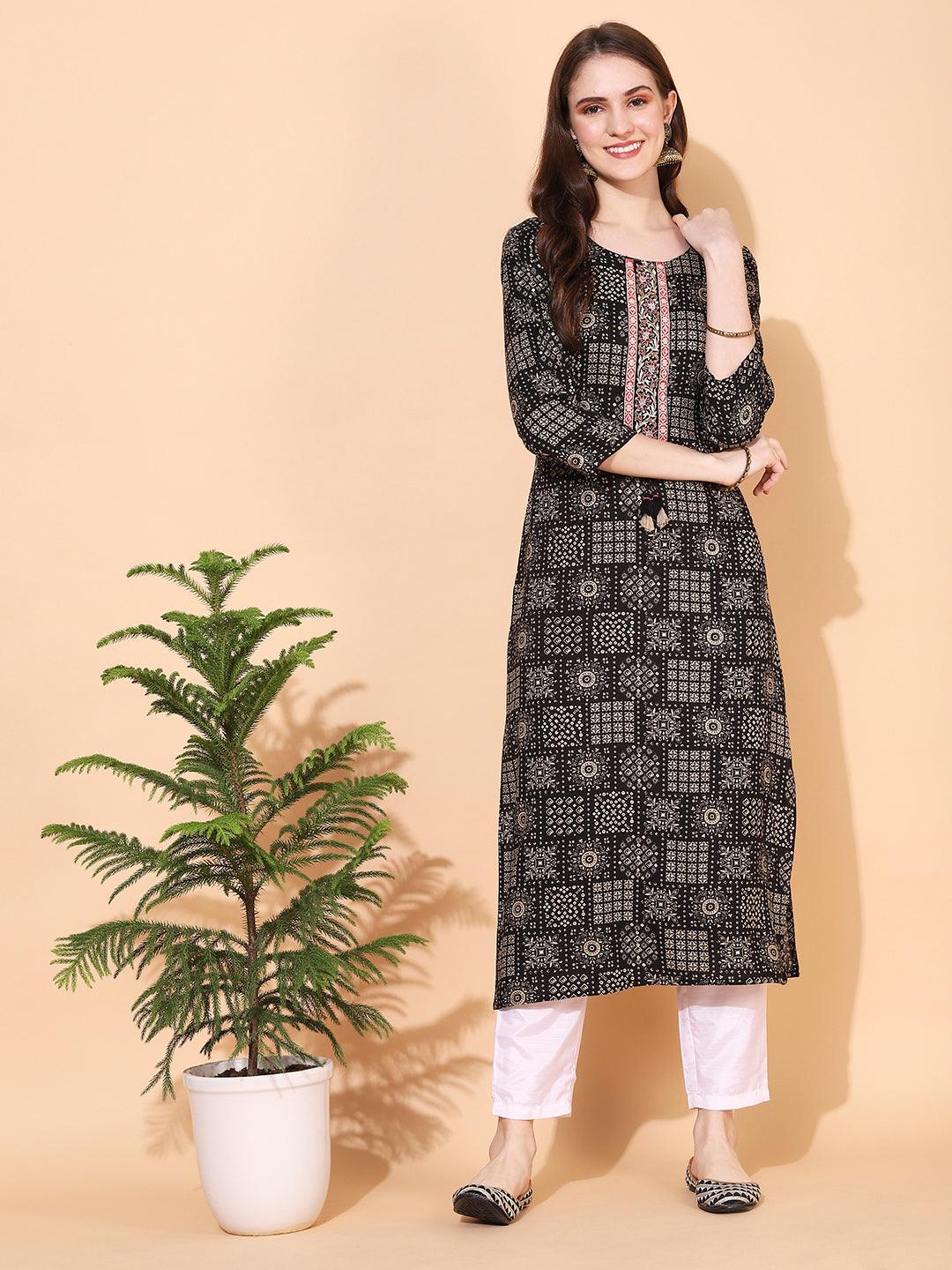 Ethnic Printed & Hand Embroidered Straight Fit Kurta - Black - Indiakreations