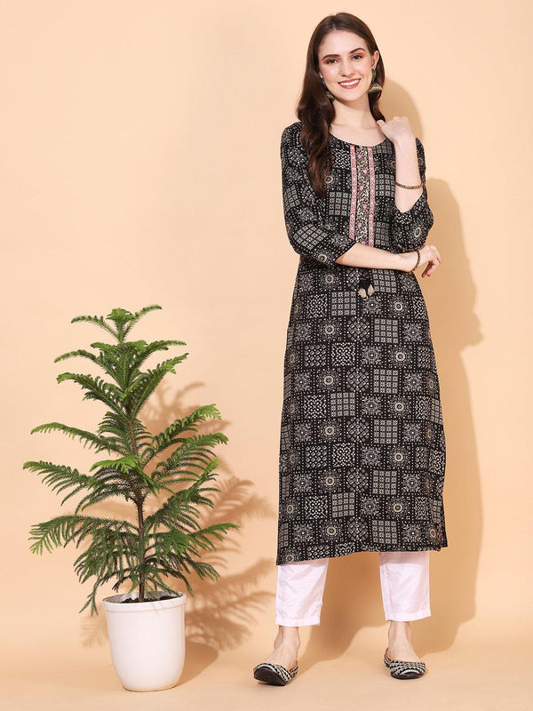 Ethnic Printed & Hand Embroidered Straight Fit Kurta - Black - Indiakreations