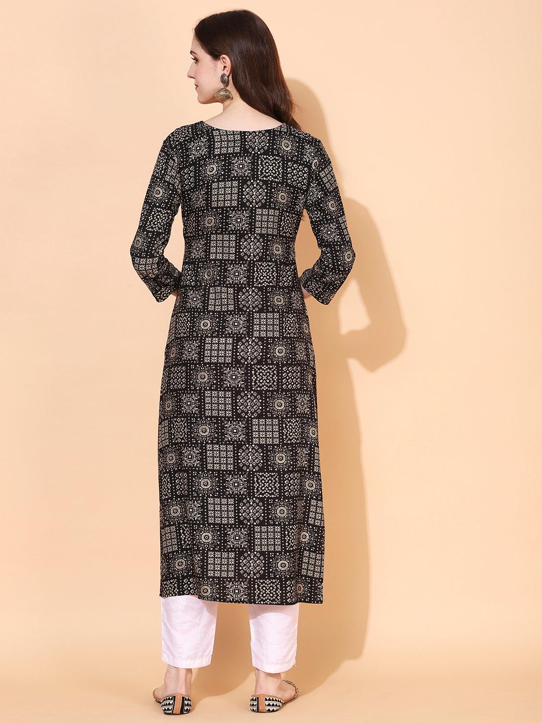 Ethnic Printed & Hand Embroidered Straight Fit Kurta - Black - Indiakreations