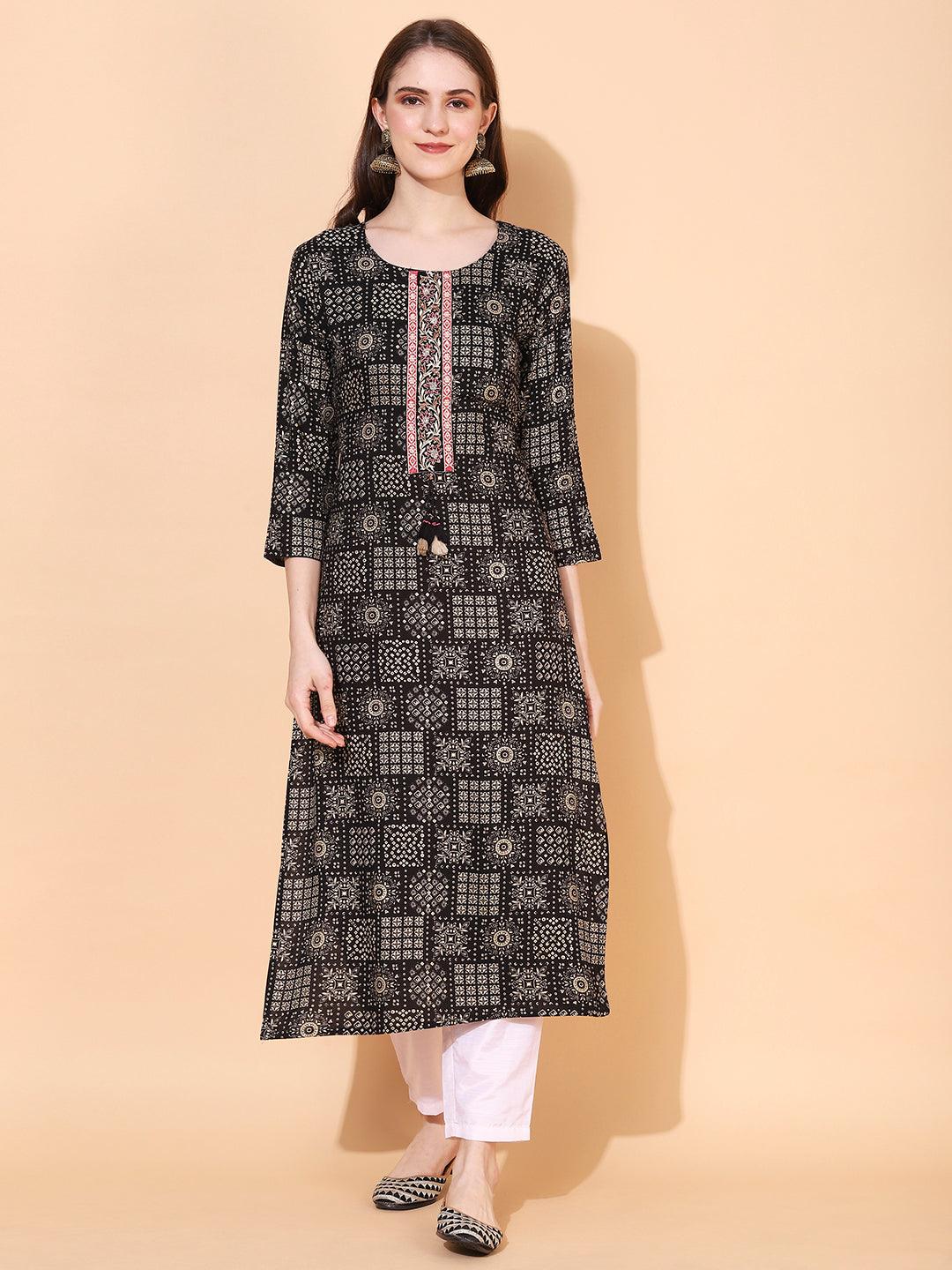 Ethnic Printed & Hand Embroidered Straight Fit Kurta - Black - Indiakreations